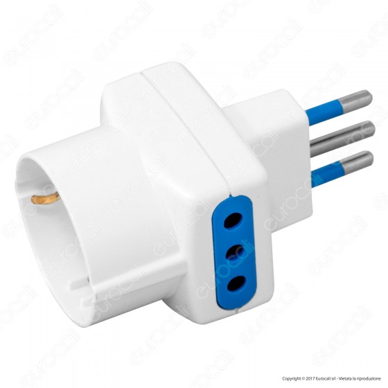 Adattatore Triplo Colore Bianco con Presa Schuko e Spina 10A - per Adattatore Triplo Colore Bianco con Presa Schuko e Spina 10A - per