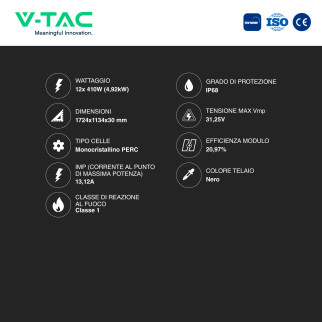 12 Pannelli Solari Fotovoltaici 410W IP68 TIER 1 Telaio Nero V-Tac