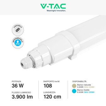 VT-80120 Tubo LED 36W 120cm Plafoniera Lineare Linkabile IP65 V-Tac