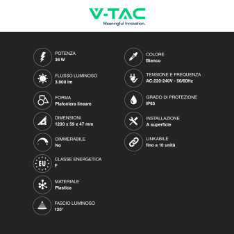 VT-80120 Tubo LED 36W 120cm Plafoniera Lineare Linkabile IP65 V-Tac