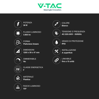 VT-80120 Tubo LED 36W 120cm Plafoniera Lineare Linkabile IP65 V-Tac