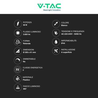 VT-8630 Plafoniera LED Rotonda 36W SMD IP44 Colore Bianco V-Tac