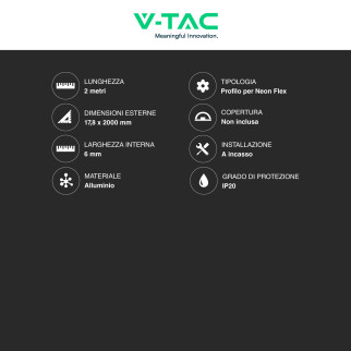 V-Tac VT-8117 Profilo Piatto Slim per Neon Flex a Incasso Senza Copertura 2 metri