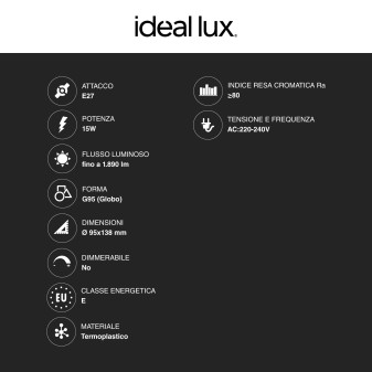 Acquista Ideal Lux Lampadina LED E27 15W Globo G95