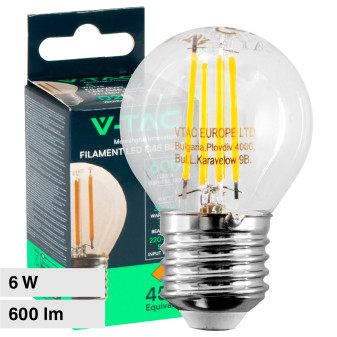 V-Tac VT-2366 Lampadina LED E27 6W MiniGlobo G45 Filament in Vetro...