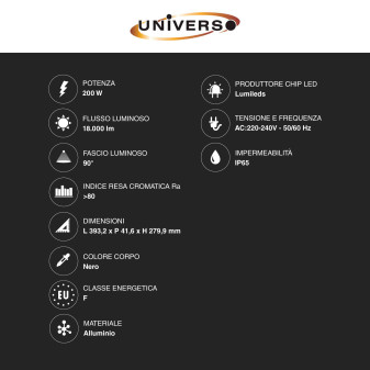 Universo Faro LED 200W SMD IP65 Chip Lumileds Colore Nero