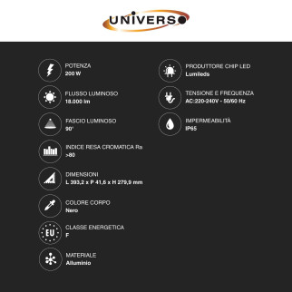 Universo Faro LED 200W SMD IP65 Chip Lumileds Colore Nero