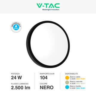 VT-8624 Plafoniera LED Rotonda 24W SMD IP44 Colore Nero V-Tac
