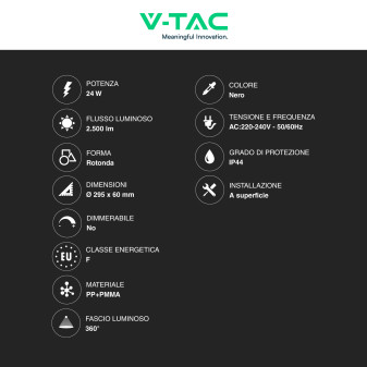 VT-8624 Plafoniera LED Rotonda 24W SMD IP44 Colore Nero V-Tac