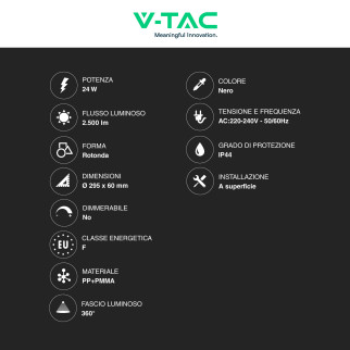 VT-8624 Plafoniera LED Rotonda 24W SMD IP44 Colore Nero V-Tac
