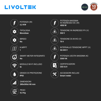 Livoltek Inverter Monofase On-Grid 3,3kW IP65 CEI 0-21