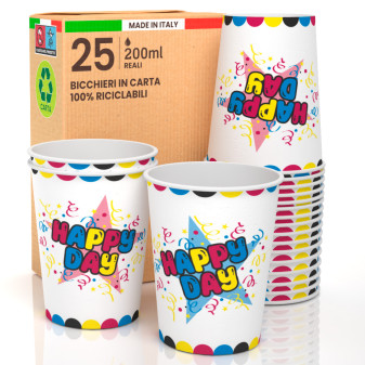 Bicchieri in Carta Riciclabile Fantasia Happy Day da 200ml - Confezione da 25...