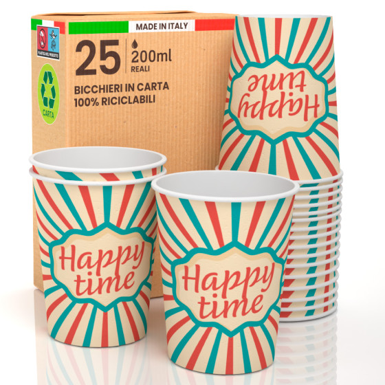 25 Bicchieri in Carta Biodegradabile Fantasia Happy Time da 200ml 25 Bicchieri in Carta Biodegradabile Fantasia Happy Time da 200ml