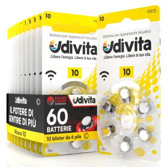 Udivita 60 Batterie per Protesi Acustiche Misura 10 Zinco Aria Tecnologia...