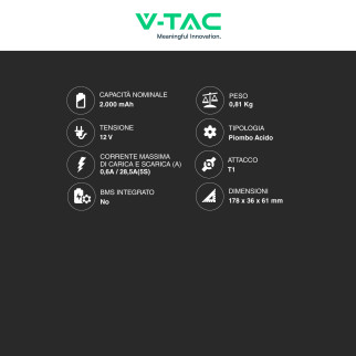 V-Tac VT-2-12 Batteria Piombo Acido 12V 2Ah - SKU 23450