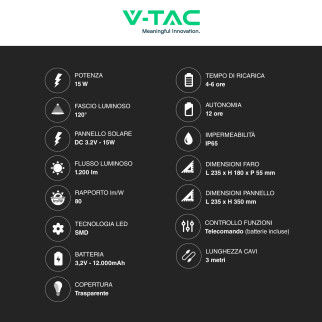 V-Tac VT-120W Faro LED 15W IP65 Bianco Pannello Solare e Telecomando