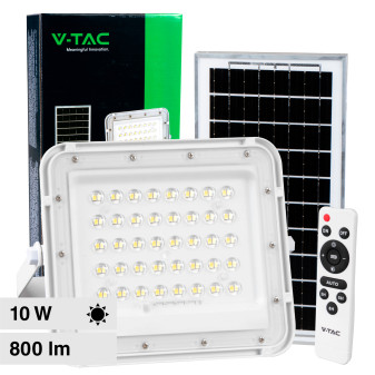 V-Tac VT-80W Faro LED Floodlight 10W IP65 Colore Bianco con Pannello Solare e...