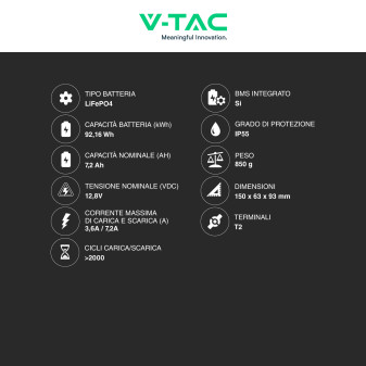 V-Tac VT-12.8V7.2AH-L Batteria LiFePO4 12,8V 7,2Ah - SKU 11942