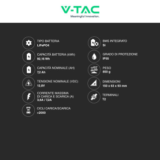 V-Tac VT-12.8V7.2AH-L Batteria LiFePO4 12,8V 7,2Ah - SKU 11942