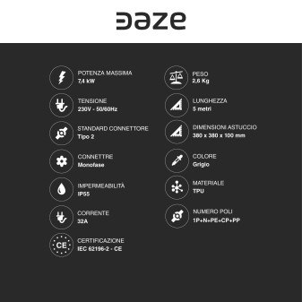 Daze Cavo di Ricarica AC Tipo 2 7,4kW Monofase IP55 Grigio 5m