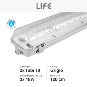 Plafoniera Lineare Lite Porta Tubi LED IP65 per 2 Tubi T8 120cm Life