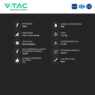 Pannelli Solari Fotovoltaici 430W TIER 1 TOPCon IP68 Telaio Nero V-Tac