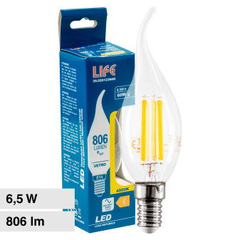 Life Lampadina LED E14 Filament 6.5W Candle CF35 Fiamma Transparent - mod....