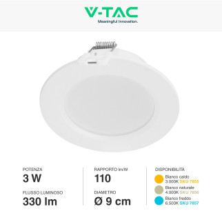 VT-61003 Mini Pannello LED Rotondo Slim 3W SMD da Incasso V-Tac