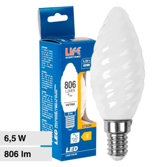 Life Lampadina LED E14 6,5W Candela ST35 Tortiglione Filament Vetro Milky -...