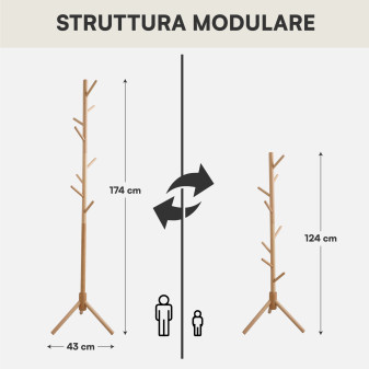 Appendiabiti da Terra Legno Naturale 8 Ganci 2 Altezze 3 Colori