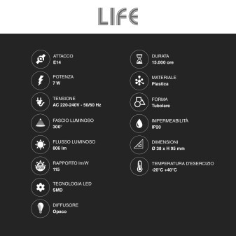 Lampadina LED E14 7W Tubolare T38 SMD Life