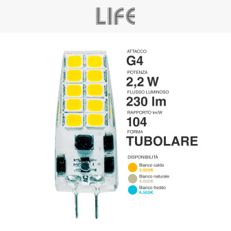 Life Lampadina LED G4 2,2W 12V Tubolare SMD in Silicone Trasparente