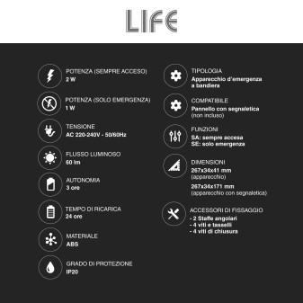 Life Lampada LED Uscita Emergenza SE+SA Self Test mod.39.LED0630