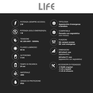 Life Lampada LED Uscita Emergenza SE+SA Self Test mod.39.LED0630