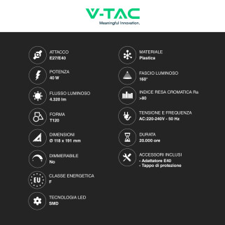 V-Tac VT-21040 Lampadina LED E27/E40 Hi-Power 40W T120 SMD