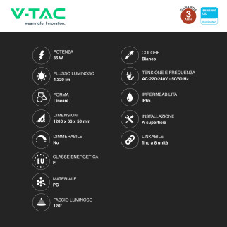 VT-1249S Tubo LED Plafoniera Linkabile 36W Lampadina SMD Chip Samsung