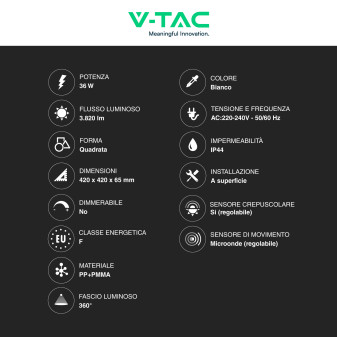 V-Tac VT-8630 Plafoniera LED Quadrata 36W IP44 Sensore di Movimento e Crepuscolare