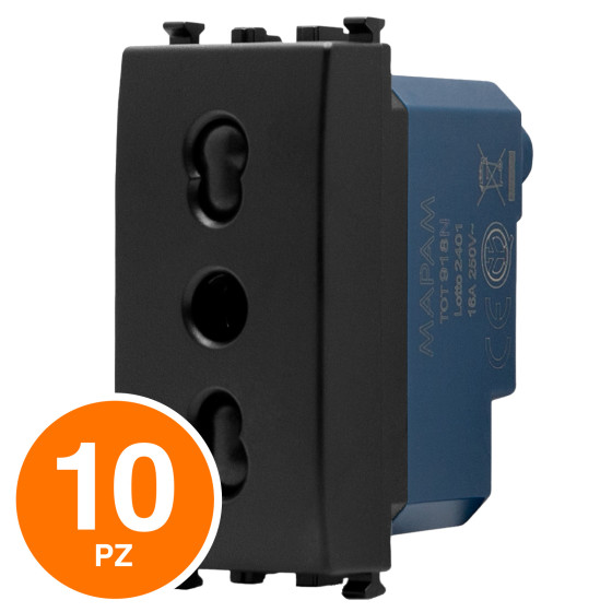 MAPAM Presa Bivalente Sun-T5 918N Nero - Confezione 10pz - mod. 918N - Compatibile con Vimar ARKÉ MAPAM Presa Bivalente Sun-T5 918N Nero - Confezione 10pz - mod. 918N - Compatibile con Vimar ARKÉ