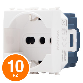 MAPAM Presa Schuko Unel Sun-T5 914B Bianco - Confezione 10pz - mod. 914B - Compatibile con Vimar ARKÉ