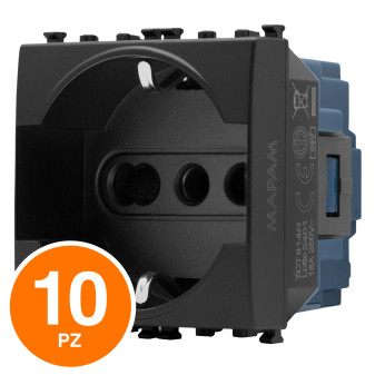 MAPAM Presa Schuko Unel Sun-T5 914N Nero - Confezione 10pz - mod. 914N - Compatibile con Vimar ARKÉ