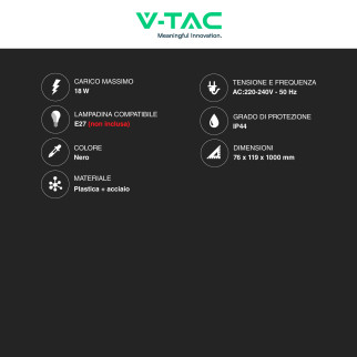 V-Tac VT-1185 Paletto Portalampada E27 Cilindrico 1m Colore Nero IP44