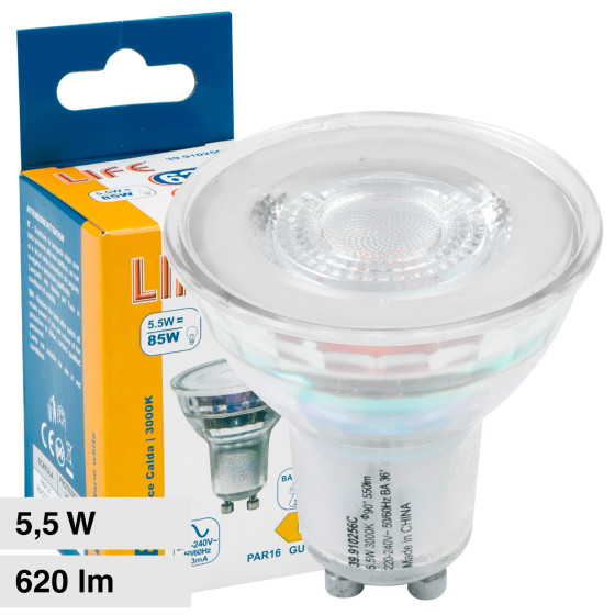Faretto PAR16 LED Lampadina GU10 5,5W SMD in Vetro Life Faretto PAR16 LED Lampadina GU10 5,5W SMD in Vetro Life