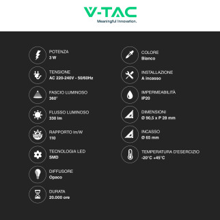 VT-61003 Mini Pannello LED Rotondo Slim 3W SMD da Incasso V-Tac