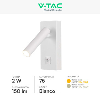 VT-402 Lampada LED Muro 2W SMD Applique da Lettura Bianca IP20 V-Tac