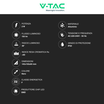 VT-402 Lampada LED Muro 2W SMD Applique da Lettura Nera IP20 V-Tac