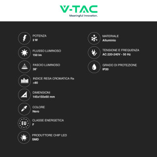 VT-402 Lampada LED Muro 2W SMD Applique da Lettura Nera IP20 V-Tac