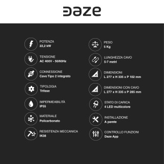 Wallbox 22,2kW Trifase IP55 con Cavo Tipo 2 Bluetooth Wi-Fi Daze