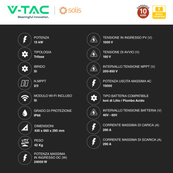 V-Tac Inverter Trifase Ibrido On-Grid / Off-Grid 15kW IP66
