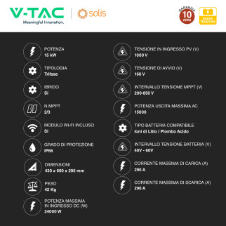V-Tac Inverter Trifase Ibrido On-Grid / Off-Grid 15kW IP66