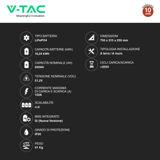 VT-12040 Accumulatore 10,24kWh Impianti Fotovoltaici CEI 0-21 V-Tac